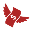 A red dollar bill with wings, symbolizing money in flight or financial freedom.