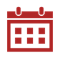 A simple red calendar icon with a grid layout, featuring two hooks at the top.